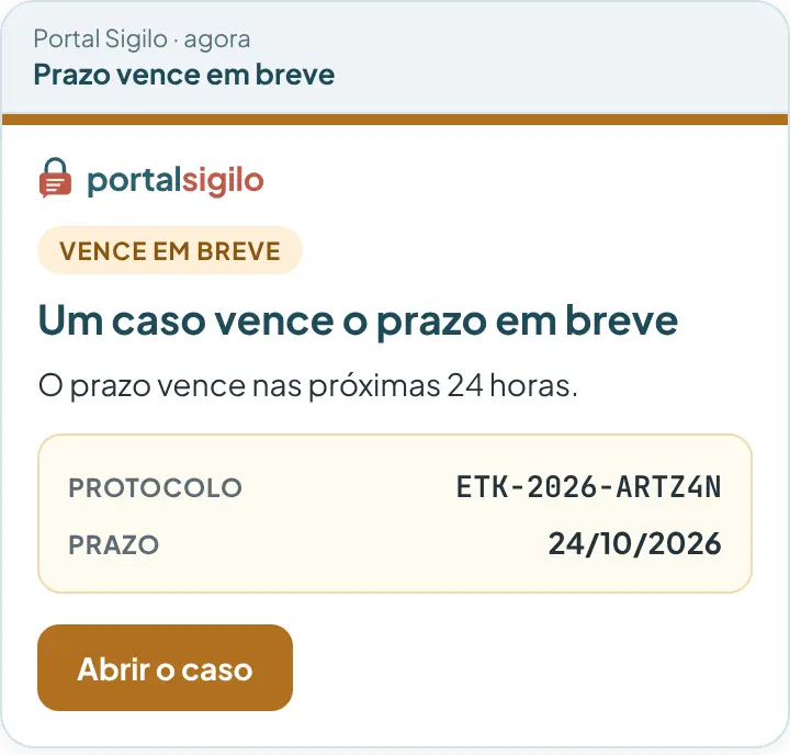 E-mail do Portal Sigilo avisando que o prazo de um caso vence nas próximas 24 horas.